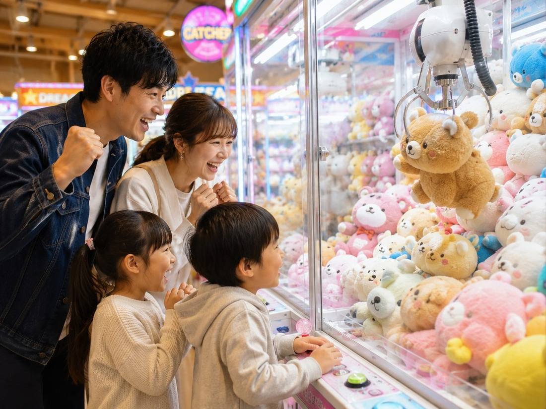 家族でクレーンゲームを楽しむ