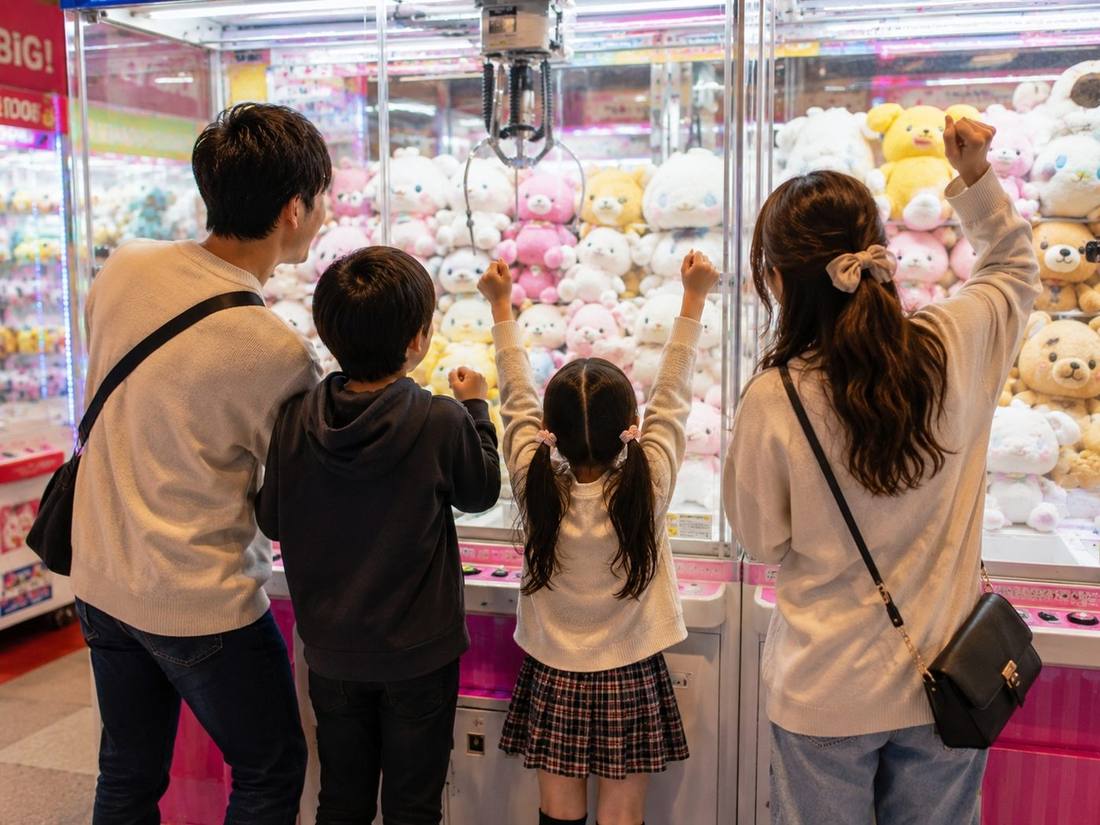 family cheering at crane game